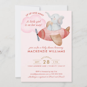 Invitation Fille de Baby shower d'éléphant rose pâle