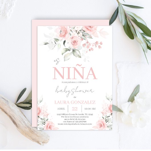 Invitation Fille de Baby shower espagnole rose pâle