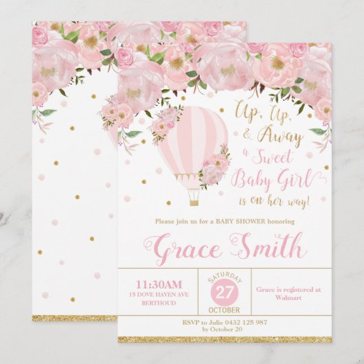 Invitation Fille de Baby shower Floral à ballon à air chaud (Devant / Derrière)