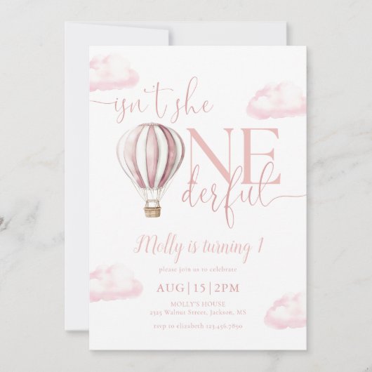 Invitation Fille de ballon à air chaud rose Onederful 1er ann (Devant)