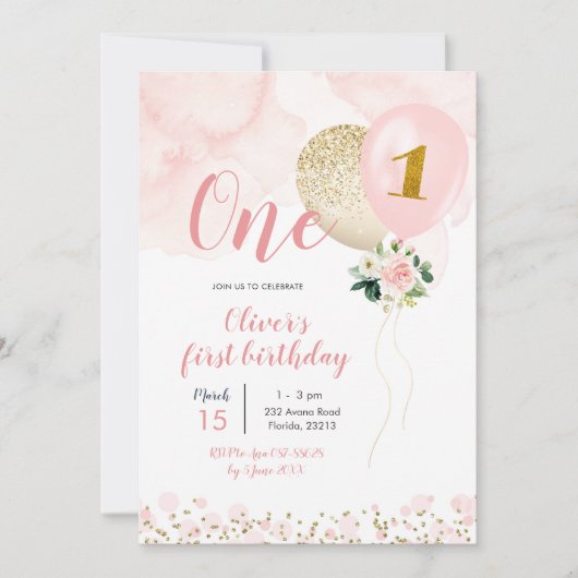 Invitation Fille de ballons rose et or premier anniversaire I (Devant)