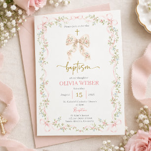 Invitation Fille de baptême à l'arc rose