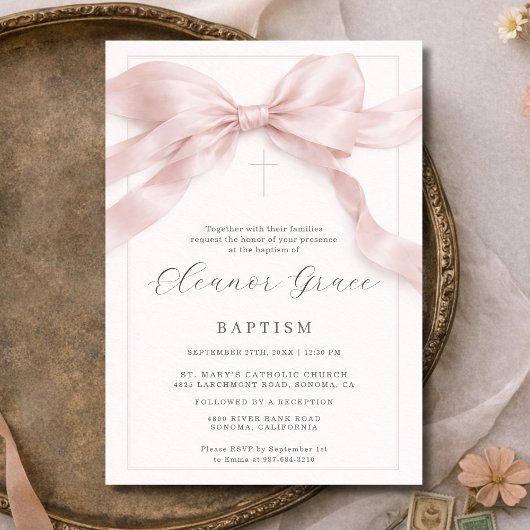 Invitation Fille de baptême à l'arc rose coquette
