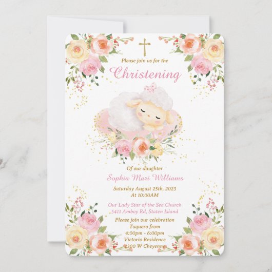 Invitation Fille de baptême agneau personnalisée (Devant)