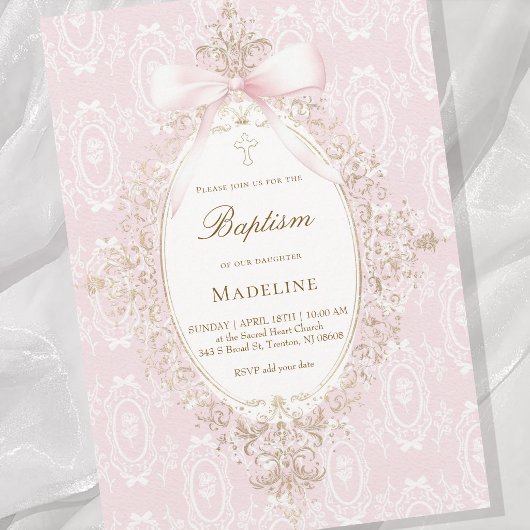Invitation fille de baptême arc rose