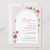 Invitation Fille de baptême aux fleurs sauvages roses poussié (Devant)
