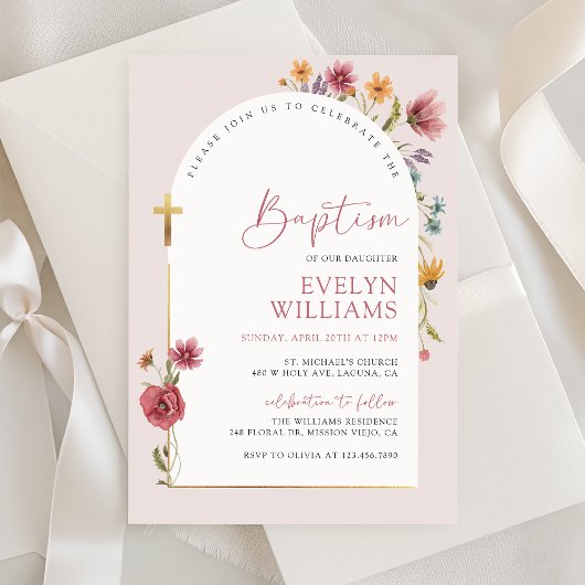 Invitation Fille de baptême aux fleurs sauvages roses poussié