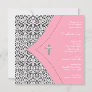 Invitation Fille de baptême en damas rose et noir