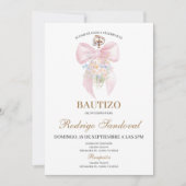 Invitation Fille de baptême noeud rose (Devant)