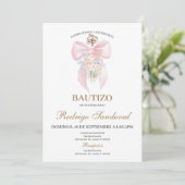 Invitation Fille de baptême noeud rose (Debout devant)