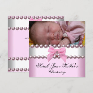 Invitation Fille de baptême rose blanc perle rose photo