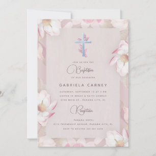 Invitation Fille de baptême Rose Fleurie Aquarelle Croix Arge