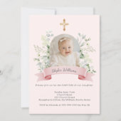 Invitation Fille de baptême Rose Photo Arche Fleurs Blanches (Devant)