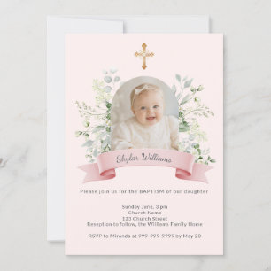 Invitation Fille de baptême Rose Photo Arche Fleurs Blanches