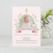 Invitation Fille de baptême Rose Photo Arche Fleurs Blanches (Debout devant)