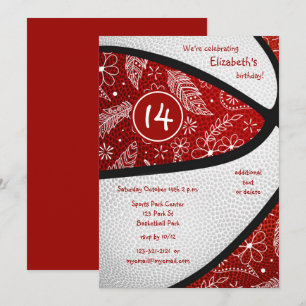 Invitation fille de basket-ball de fête de party rouge blanc
