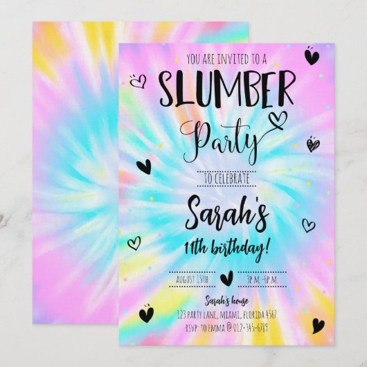 Invitation Fille de bois Tie Dye fête d'anniversaire (Devant / Derrière)