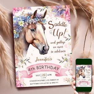 Invitation Fille de cheval 4e anniversaire Fleurs roses Selle