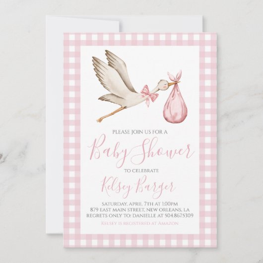 Invitation Fille de cigogne rose Preppy Baby shower Sud (Devant)