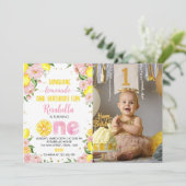Invitation Fille de citron rose Floral 1er anniversaire Invit (Debout devant)