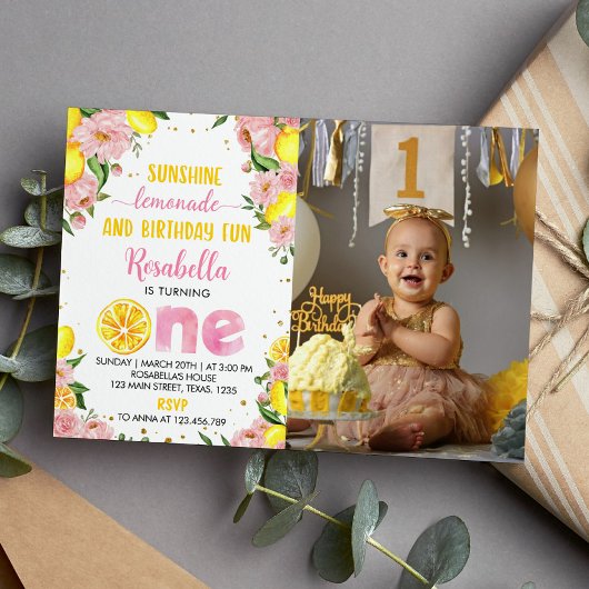Invitation Fille de citron rose Floral 1er anniversaire Invit