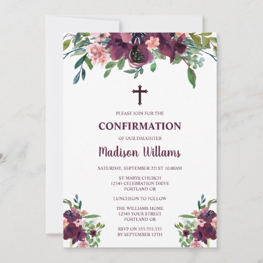 Invitation Fille de confirmation aquarelle florale Bourgogne (Devant)