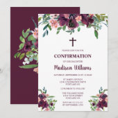 Invitation Fille de confirmation aquarelle florale Bourgogne (Devant / Derrière)