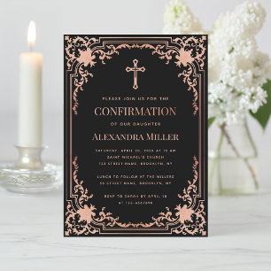 Invitation Fille de confirmation rose noir élégant vintage cr