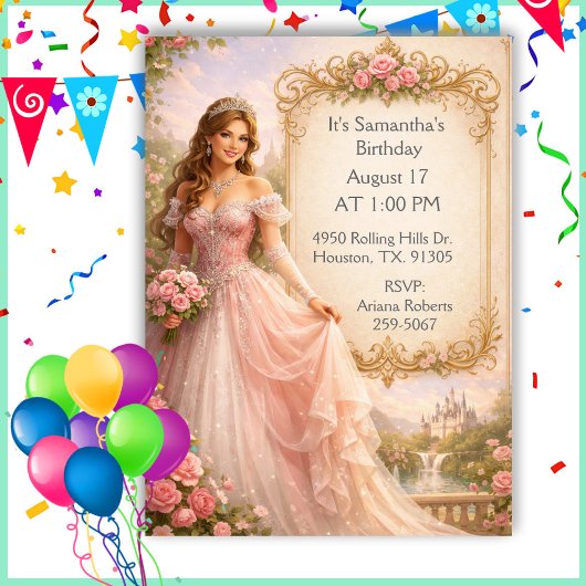Invitation Fille de conte de fées Princesse Fête d'anniversai
