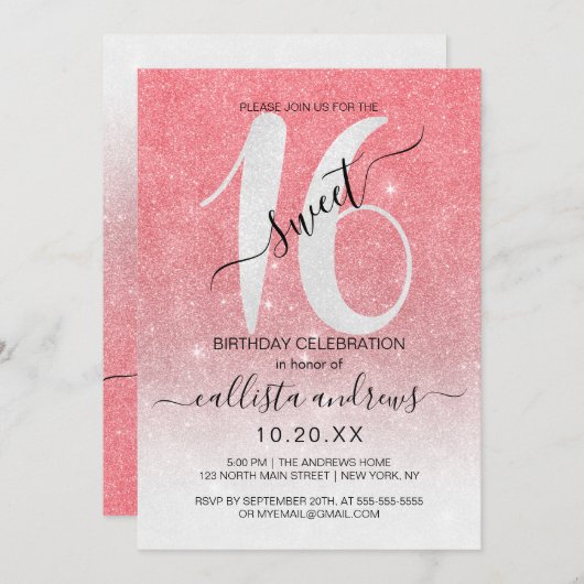 Invitation Fille de corail mousseux Parties scintillant blanc (Devant / Derrière)