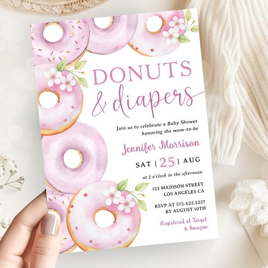 Invitation Fille de donuts et couches Fête de bébé rose