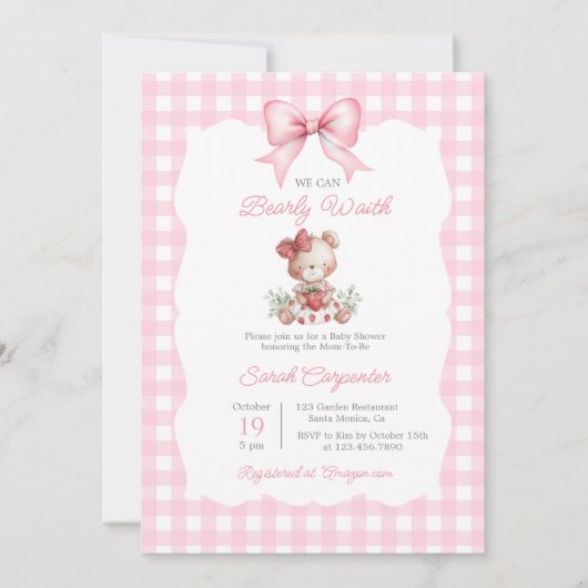 Invitation Fille de douche bébé à la fraise Beary Sweet (Devant)