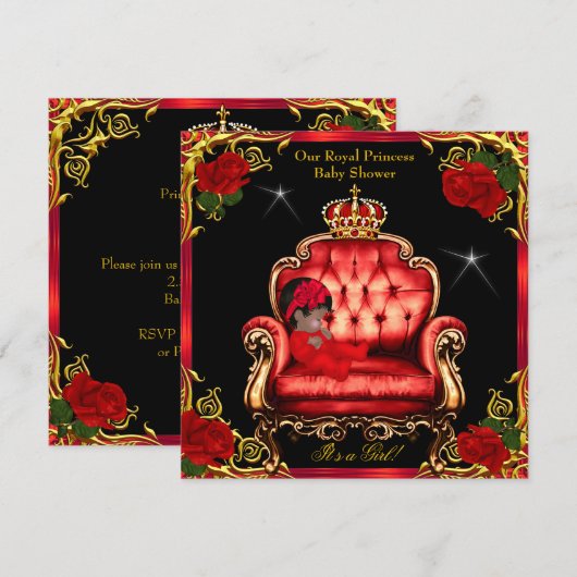 Invitation Fille de douche de bébé princesse Chaise or rose r (Devant / Derrière)