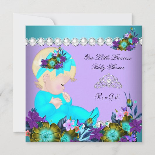 Invitation Fille de douche de bébé princesse sarcelle bleu vi (Devant)