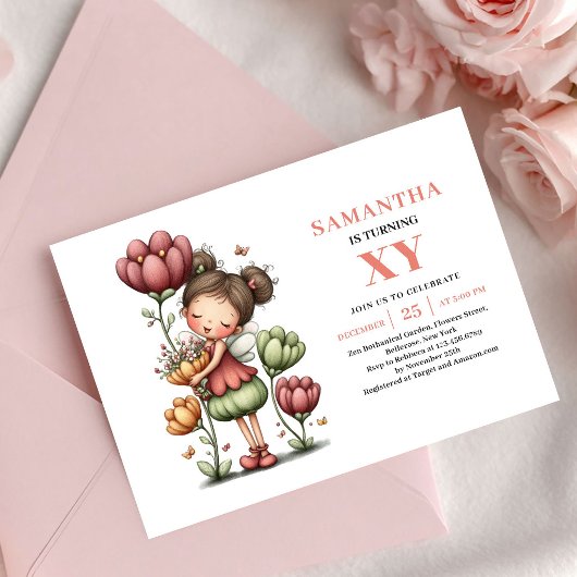 Invitation Fille de Fée Capricieuse Anniversaire Floral Paste