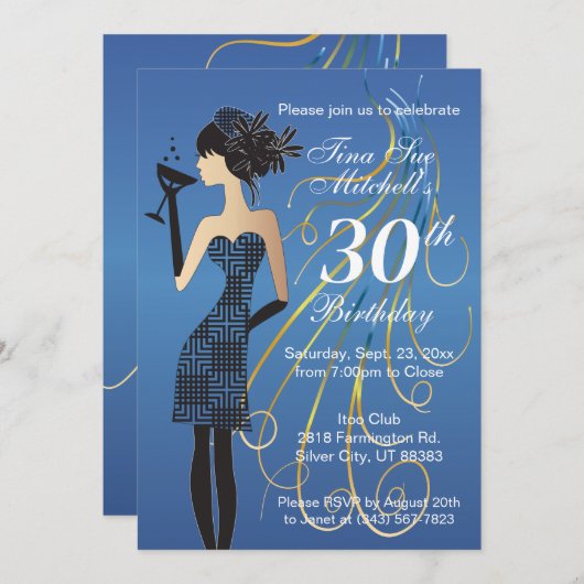 Invitation Fille de fête d'anniversaire en bleu (Devant / Derrière)