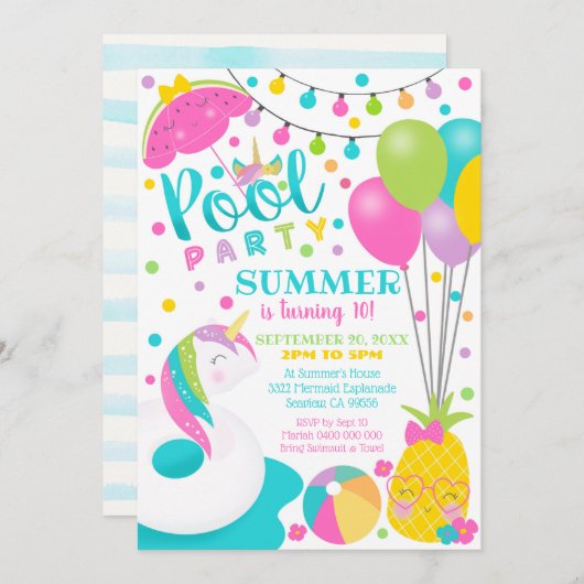 Invitation Fille de fête d'anniversaire Piscine Li (Devant / Derrière)