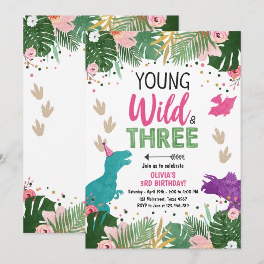 Invitation Fille de fête des trois dinos Wild Dino Dinosaur r (Devant / Derrière)