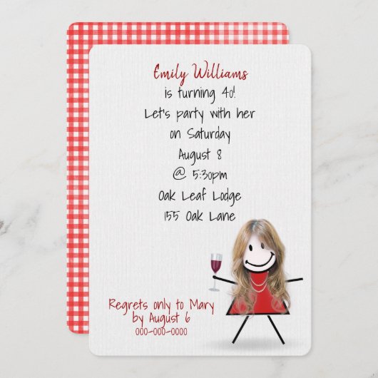 Invitation Fille de fête du 40e anniversaire avec du vin (Devant / Derrière)