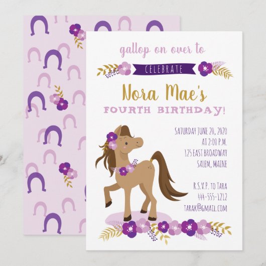 Invitation Fille de fête du poney (Devant / Derrière)