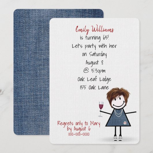 Invitation Fille de fête pour 65e anniversaire avec du vin (Devant / Derrière)