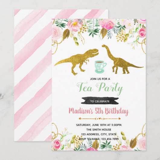 Invitation fille de fête Tea rex (Devant / Derrière)