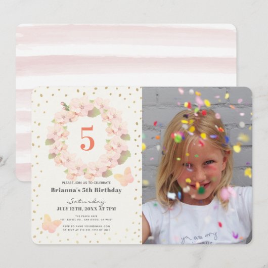 Invitation Fille de fleurs de cerisier rose et or Photo Anniv (Devant / Derrière)