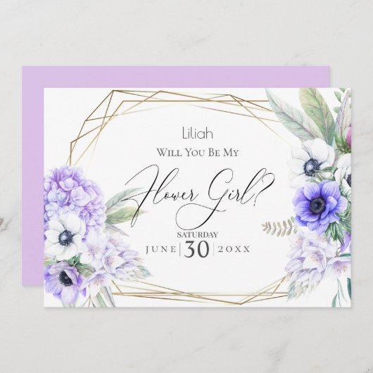 Invitation Fille de fleurs | Fleurs d'anémone violette (Devant / Derrière)