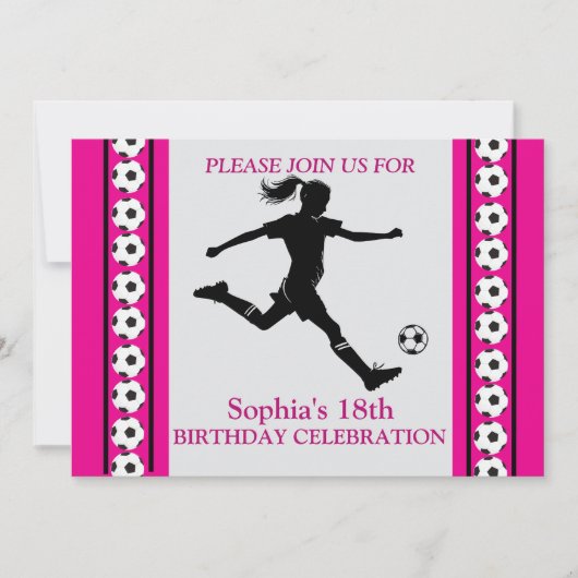 Invitation Fille de football fête d'anniversaire, joueur de f (Devant)