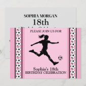 Invitation Fille de football fête d'anniversaire, joueur de f (Devant / Derrière)