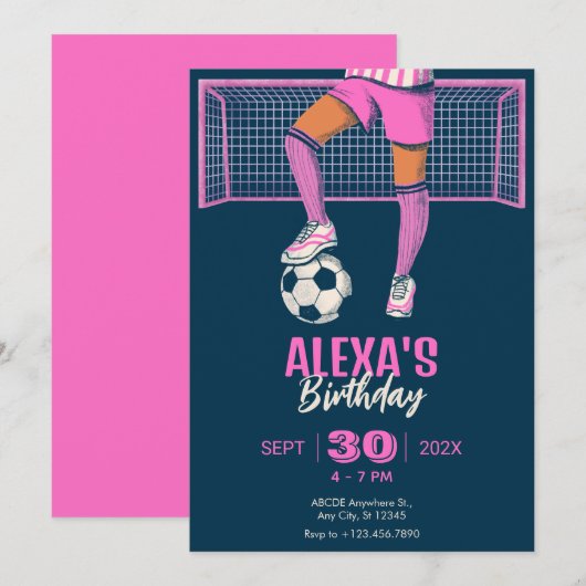Invitation Fille de football / Fête de soccer (Devant / Derrière)