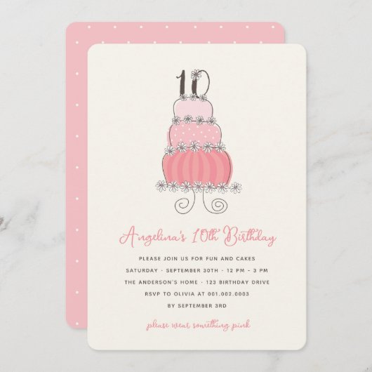 Invitation Fille de gâteau rose 10e fête d'anniversaire de la (Devant / Derrière)