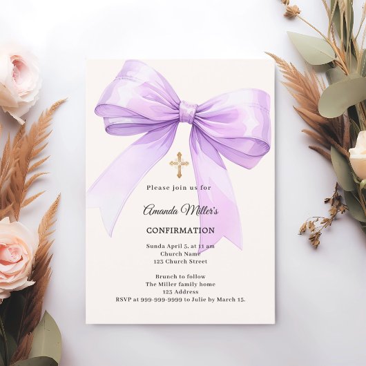 Invitation Fille de la crème d'arc lavande Confirmation