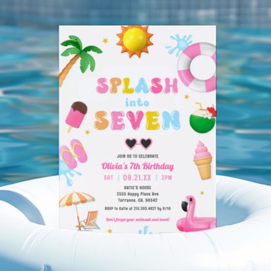 Invitation Fille de la fête de la piscine 7e anniversaire